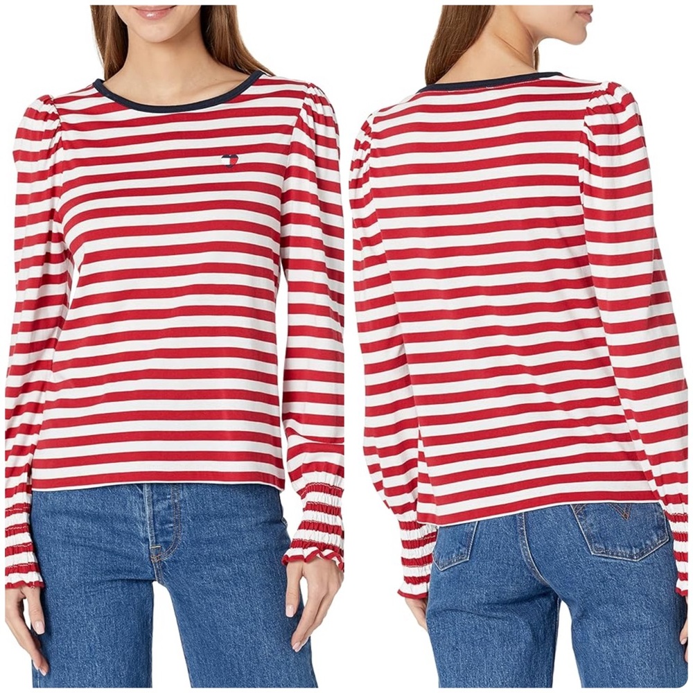 Tommy Hilfiger Striped Smocked-Cuff Top Red White